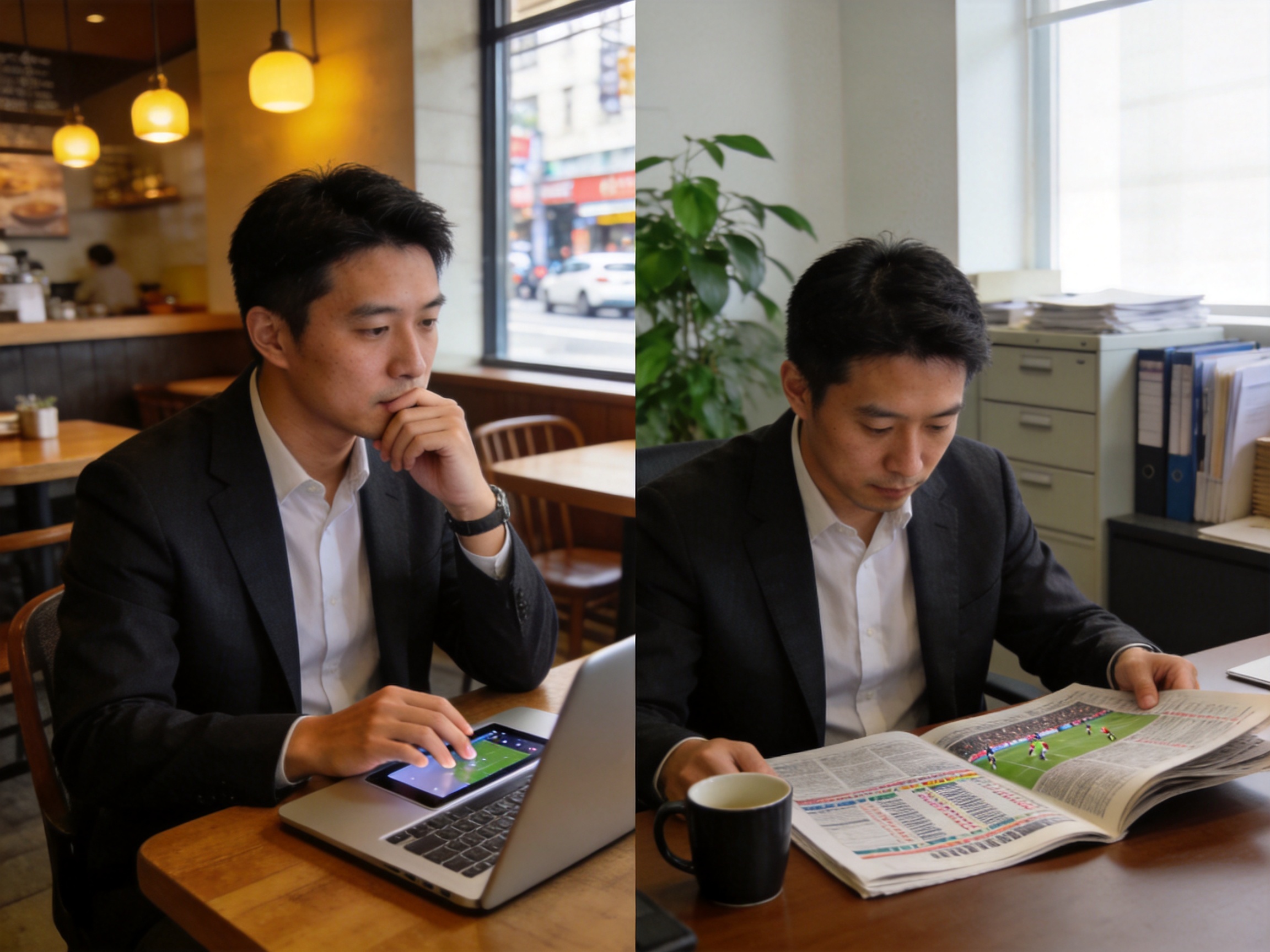 使用场景模块配图，表现用户在赛前查阅球队资料、赛后阅读比赛解读的情景